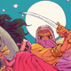 Crop of the cover of The Tale of Princess Fatima with the title character weilding a sword on a horse.